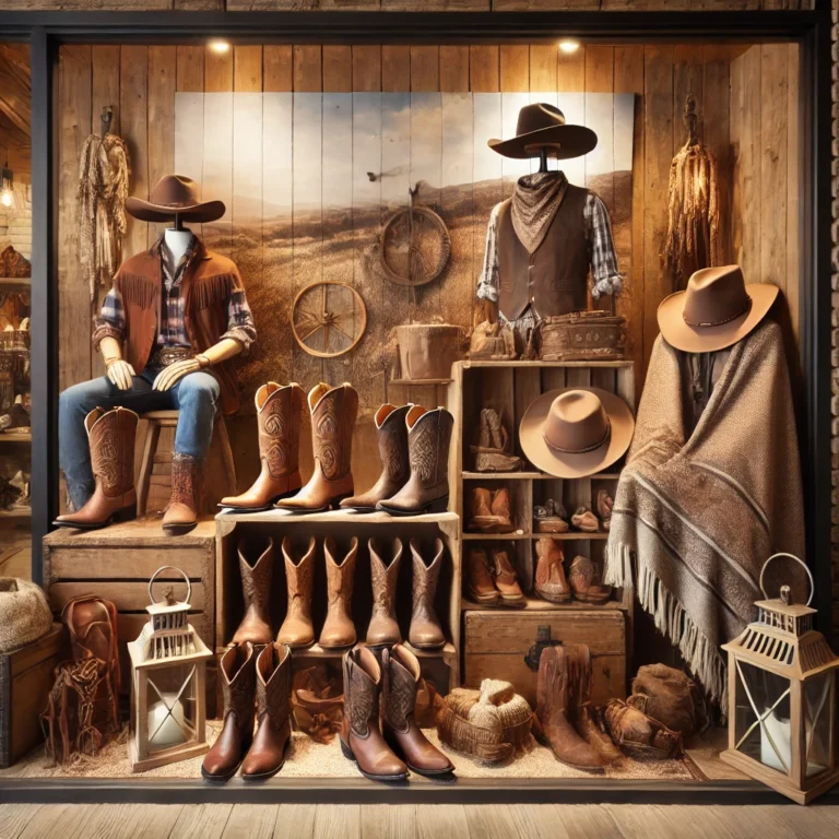 DALL·E 2025-01-17 19.24.11 - A Western-themed storefront display featuring rustic cowboy boots, hats, and home decor items